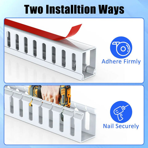 Two installation methods for Under Desk Cable Management Kit With One Piece Raceway Channel White 123 Inch Total Length.