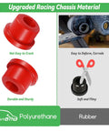 Upgraded Built Tough Golf Cart Front Lower Leaf Spring And Upper A Arm Bushing Sleeves Kit showing red polyurethane sleeves and comparisons.