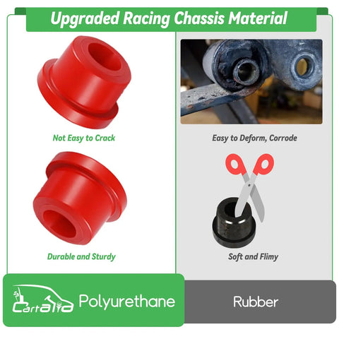 Upgraded Built Tough Golf Cart Front Lower Leaf Spring And Upper A Arm Bushing Sleeves Kit showing red polyurethane sleeves and comparisons.