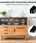 Two Pack Aluminum Sliding Door Track System For One Eighth Inch Panels Ideal For Closet Glass Doors Pet Cabinets And Windows Includes Two Upper And Two Lower Tracks With Easy Install Cut To Fit Design And Adhesive Nail Mounting Black shown on a cabinet with top and bottom tracks