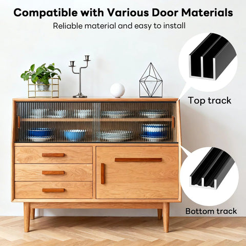 Two Pack Aluminum Sliding Door Track System For One Eighth Inch Panels Ideal For Closet Glass Doors Pet Cabinets And Windows Includes Two Upper And Two Lower Tracks With Easy Install Cut To Fit Design And Adhesive Nail Mounting Black shown on a cabinet with top and bottom tracks