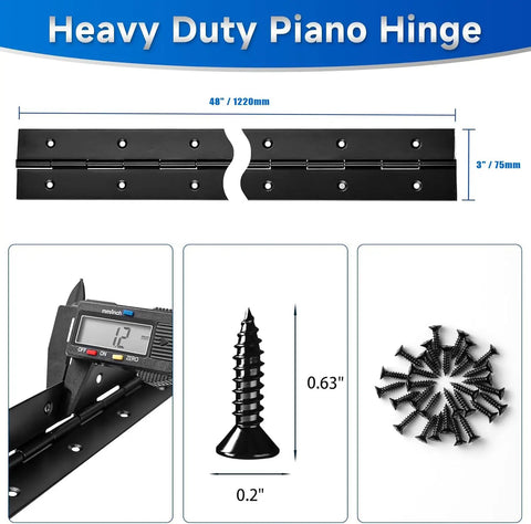 Heavy Duty Top Shelf Black Piano Hinge 48 Inches X 3 Inches Wide Stainless Steel Continuous Gate Door Hardware Tough Finish Cut To Size Quick Install with screws.