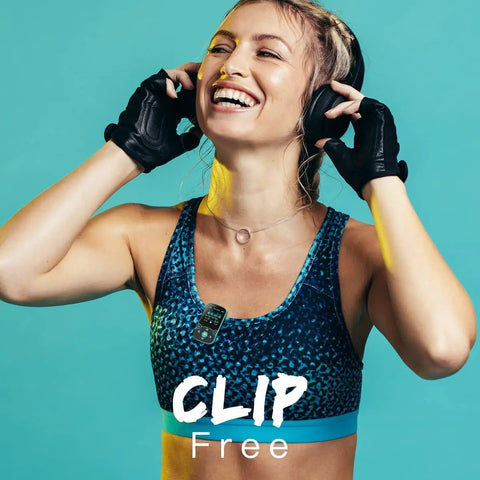 Woman wearing a 32GB Clip On MP3 Player With Bluetooth 5.3 For Sports, A65 Pedometer Music Player, smiling during workout