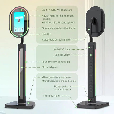 Front and back view of Mirror Photo Booth With Printer And 4K HD Camera, RGB Surround Lighting, 16 Inch Touch Screen, Black