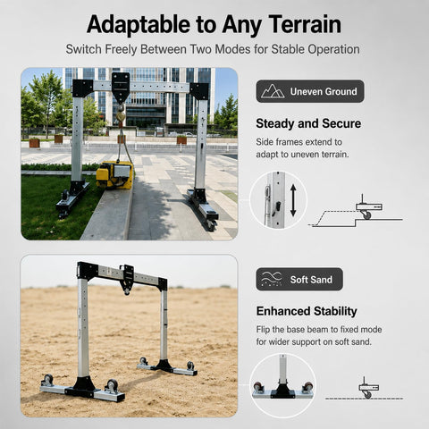Portable Adjustable Aluminum Gantry Crane with 2 Ton Chain Hoist Built Tough on uneven ground and soft sand for stable lifting.
