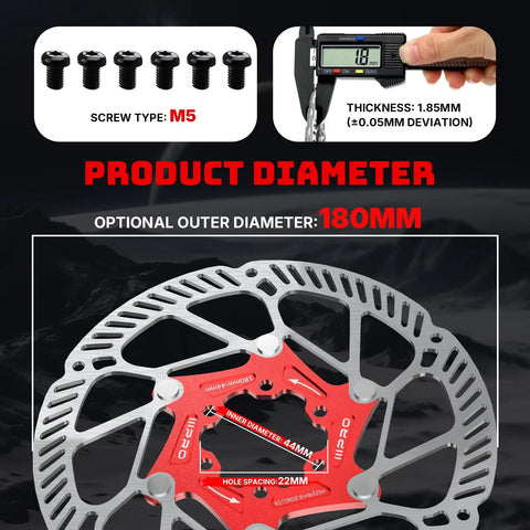 Close-up of Floating Disc Brake Rotor Set For MTB Road Bike And BMX 180mm With Six Bolts Red SUS410 Rotors, aluminum base.