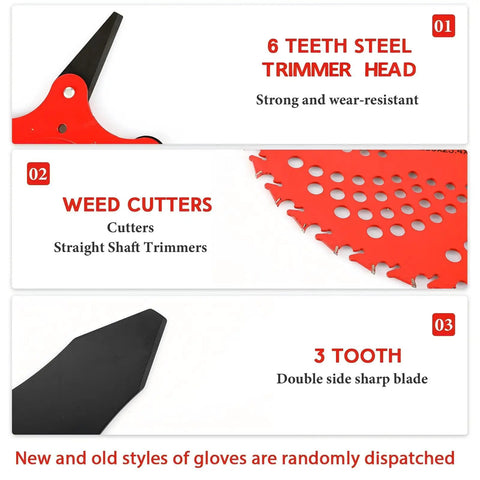 Six Steel Teeth Razor Trimmer Heads And Three Teeth Brush Cutter Blades Set with labels for weed cutters and trimmer heads