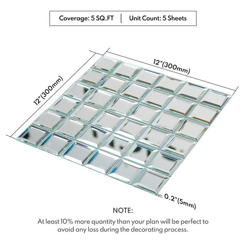 Mirror Glass Mosaic Tiles With Slick Beveled Silver Crystal Finish for Kitchen Backsplash, 12x12 mesh sheet, 2 inch tiles