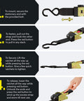 Instructions for using Bolt On Auto Retractable Ratchet Straps 2 Pack 2 Inch By 5.5 Foot Built Tough Heavy Duty Tie Down Straps for securing loads.