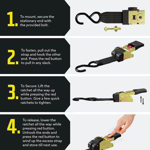 Instructions for using Bolt On Auto Retractable Ratchet Straps 2 Pack 2 Inch By 5.5 Foot Built Tough Heavy Duty Tie Down Straps for securing loads.