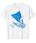 White Outrigger Canoe Hawaii T Shirt For Men, Polynesian Tribal Art Tee With Maori Canoe Design, blue canoe graphic
