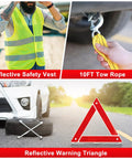 Grab And Go Car Roadside Emergency Kit With Jumper Cables Tow Rope Folding Shovel Safety Hammer Reflective Warning Triangle And Essential Tools For Any Driver Ready For Breakdowns And Roadside Situations For Men Women And Teens, featuring a reflective vest, 10FT tow rope, and warning triangle