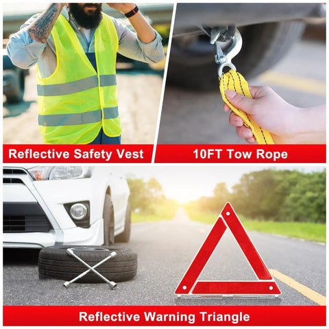 Grab And Go Car Roadside Emergency Kit With Jumper Cables Tow Rope Folding Shovel Safety Hammer Reflective Warning Triangle And Essential Tools For Any Driver Ready For Breakdowns And Roadside Situations For Men Women And Teens, featuring a reflective vest, 10FT tow rope, and warning triangle