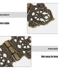 Close-up of Retro Bronze Decorative Hinges Set, ornate zinc alloy for smooth movement on small jewelry boxes and wood cases.