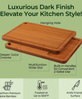 Bamboo Cutting Board Set With Deep Juice Grooves And Built In Handles, two boards stacked showing multifunction slots
