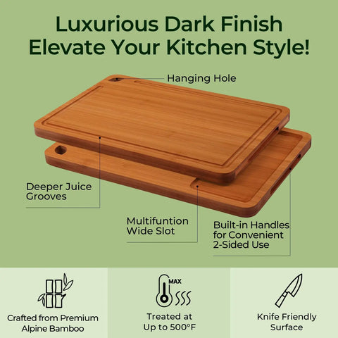 Bamboo Cutting Board Set With Deep Juice Grooves And Built In Handles, two boards stacked showing multifunction slots