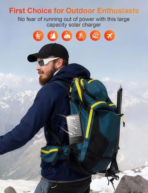 Hiker with backpack showcasing Beast Solar Power Bank 40000mAh Portable Charger With PD 20W Fast Charging on a mountain trail.