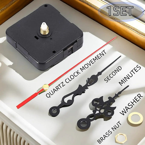 Easy Fit Quartz Clock Movement DIY Repair Kit for Wall Clocks, shown in black with minute, second hands, and brass nut.