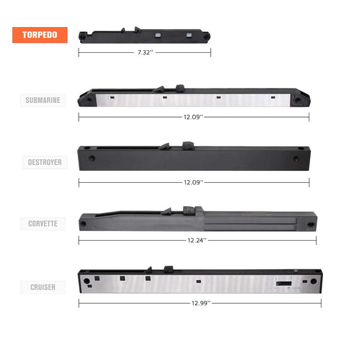 Image showing No Drill Soft Close Kit For Sliding Barn Doors with various sizes and labels for Torpedo, Submarine, Destroyer, Corvette, and Cruiser.