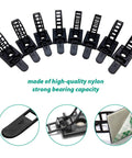 Eight black cable ties and clips, adhesive nylon, shown with close-up details for desk cable management.