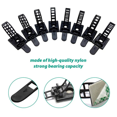 Eight black cable ties and clips, adhesive nylon, shown with close-up details for desk cable management.