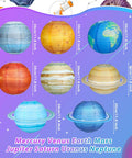 8 Piece Planet Paper Lanterns Set For Kids Space Theme Party 12 Inch Solar System Hanging Planets Lanterns Out Of This World Birthday Room Decor And Kids Bedroom Decor Ideas featuring colorful lanterns representing solar system planets.