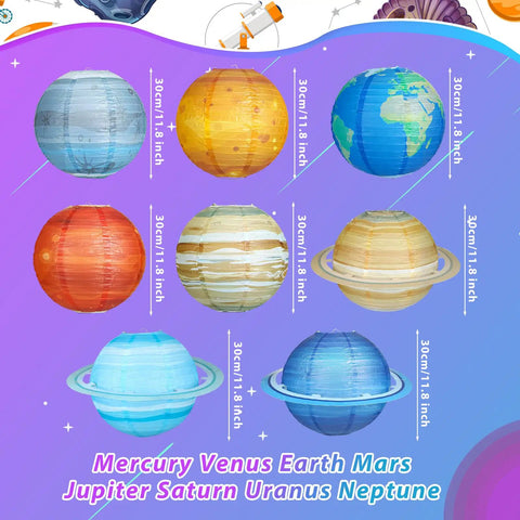 8 Piece Planet Paper Lanterns Set For Kids Space Theme Party 12 Inch Solar System Hanging Planets Lanterns Out Of This World Birthday Room Decor And Kids Bedroom Decor Ideas featuring colorful lanterns representing solar system planets.