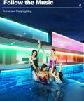 People enjoying a pool party with vibrant 100ft Outdoor RGB LED Strip Lights Waterproof 12V With Alexa And Google Assistant illuminating the background