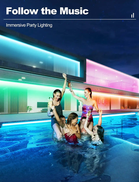 People enjoying a pool party with vibrant 100ft Outdoor RGB LED Strip Lights Waterproof 12V With Alexa And Google Assistant illuminating the background