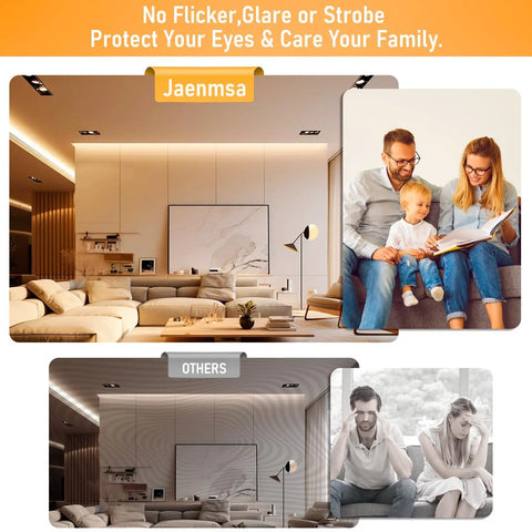 Comparison of living room lighting with Jaemsa no flicker, glare, strobe lights and others, peaceful family reading together.