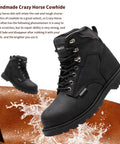Side view of Men's Tough As Nails Steel Toe Work Boots, Crazy Horse Leather, Waterproof And Non Slip, Built To Last On Any Job Site, Durable Goodyear Stitching, All Weather Safety Boot, Black, Size 9.5