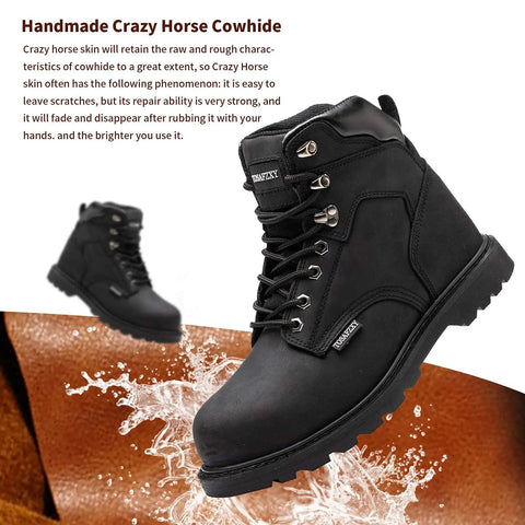 Side view of Men's Tough As Nails Steel Toe Work Boots, Crazy Horse Leather, Waterproof And Non Slip, Built To Last On Any Job Site, Durable Goodyear Stitching, All Weather Safety Boot, Black, Size 9.5