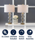 Clear Glass Triple-Sphere Table Lamps Set Of 2 With Brass Accents And White Linen Shade 27-Inch Tall Modern Bedside Lamps