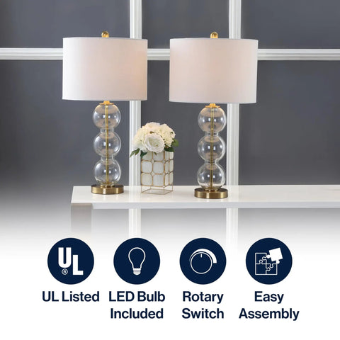 Clear Glass Triple-Sphere Table Lamps Set Of 2 With Brass Accents And White Linen Shade 27-Inch Tall Modern Bedside Lamps