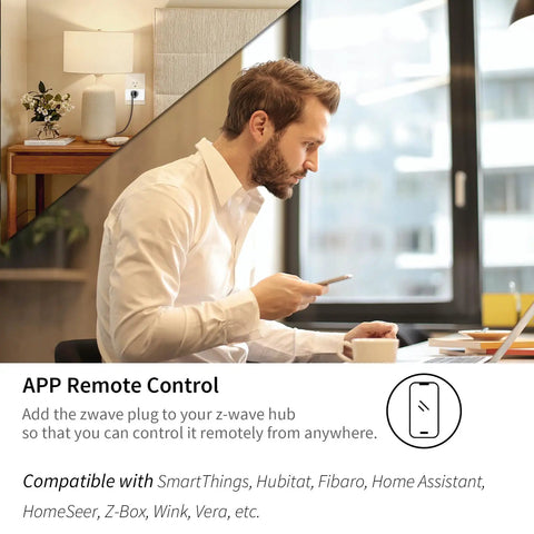 Man using smartphone to control 800 Series Z Wave Plug In Smart Outlet Switch With Built In Repeater For Extended Range Up To 1300 Feet