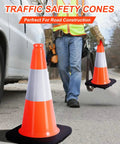 Heavy Duty Orange Traffic Cones Set of 5, 18 Inch PVC with black base and reflective collar shown in use for road work