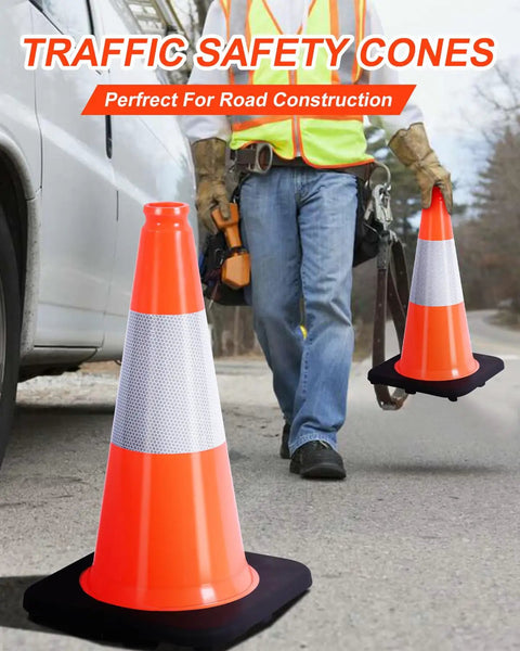 Heavy Duty Orange Traffic Cones Set of 5, 18 Inch PVC with black base and reflective collar shown in use for road work