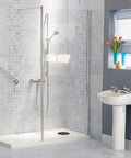 Four And A Quarter Inch Round Shower Drain In Matte Black Stainless Steel with Flange Kit on bathroom floor