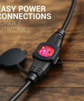 Close-up of Super Versatile Heavy Duty 25 Ft Extension Cord Featuring 6 Multiple Outlets 16 Gauge 15 Amp 3 Prong Outdoor Indoor Power Cable Ideal For Christmas Lights Yard Decorations Camping Workshops And More In Black with lit power indicator