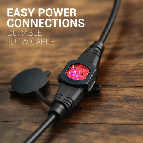 Close-up of Super Versatile Heavy Duty 25 Ft Extension Cord Featuring 6 Multiple Outlets 16 Gauge 15 Amp 3 Prong Outdoor Indoor Power Cable Ideal For Christmas Lights Yard Decorations Camping Workshops And More In Black with lit power indicator