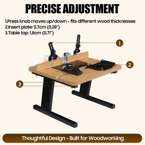 Benchtop Router Table With Heavy Duty Stand And Precision Adjustable Fence, durable MDF surface showcasing precise adjustments features.