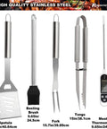 Image of 28 Piece Kickass BBQ Tool Set With Thermometer In Heavy Duty Stainless Steel Case showing spatula, brush, fork, tongs, thermometer.