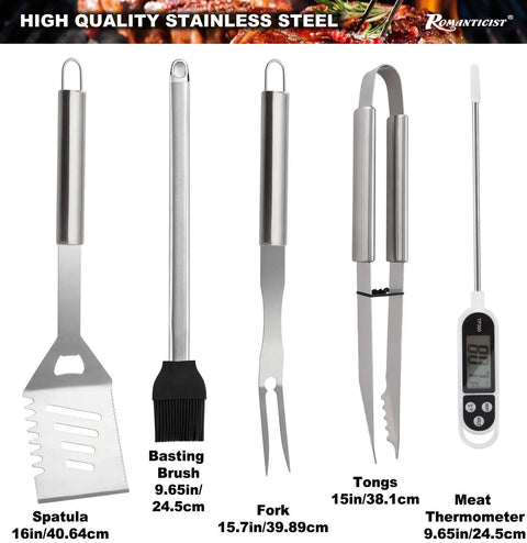 Image of 28 Piece Kickass BBQ Tool Set With Thermometer In Heavy Duty Stainless Steel Case showing spatula, brush, fork, tongs, thermometer.