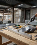 15.25 Inch Sheet Metal Folding Hemming Tool with Heavy Duty Steel Construction on a workbench in a construction site