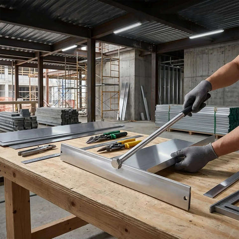 15.25 Inch Sheet Metal Folding Hemming Tool with Heavy Duty Steel Construction on a workbench in a construction site