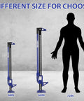 Comparison of Heavy Duty Farm Jack 3 Ton 6600 Lb Capacity 48 Inch High Lift sizes alongside human silhouette for scale.