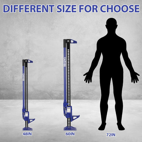 Comparison of Heavy Duty Farm Jack 3 Ton 6600 Lb Capacity 48 Inch High Lift sizes alongside human silhouette for scale.