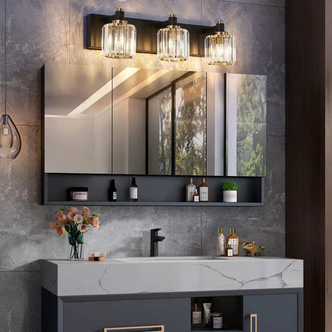 Modern Crystal Vanity Light In Black And Gold That Looks Boss With Dimmable E12 Base above bathroom mirror