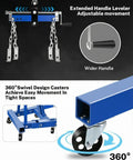 Blue 2-ton hydraulic engine hoist with lever, folding design, 6-locking wheels and 4-position boom; 360° caster detail.