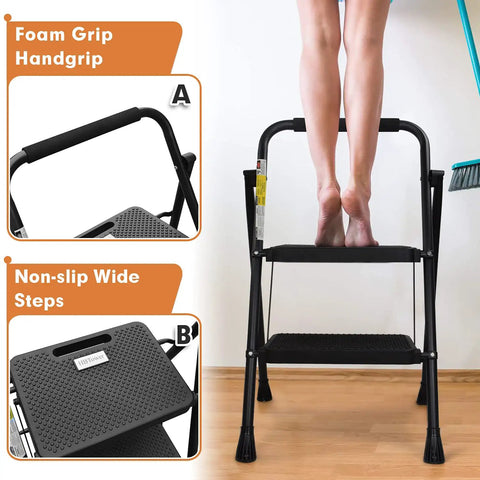 Heavy Duty 2 Step Folding Ladder With 500 Lb Capacity Anti Slip Wide Pedals Beefy Steel Frame Secure Lock Buckle Handy Handgrip